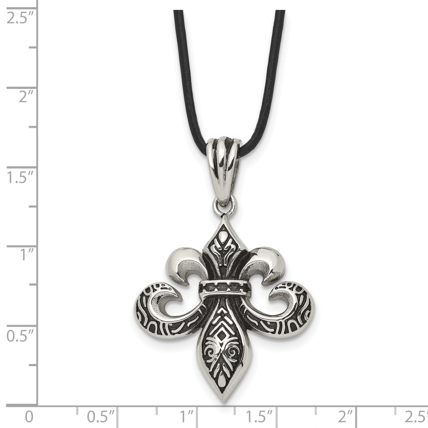 Stainless Steel Chisel Antiqued And Polished Fleur De Lis Pendant On A 20 Inch Leather Cord Necklace