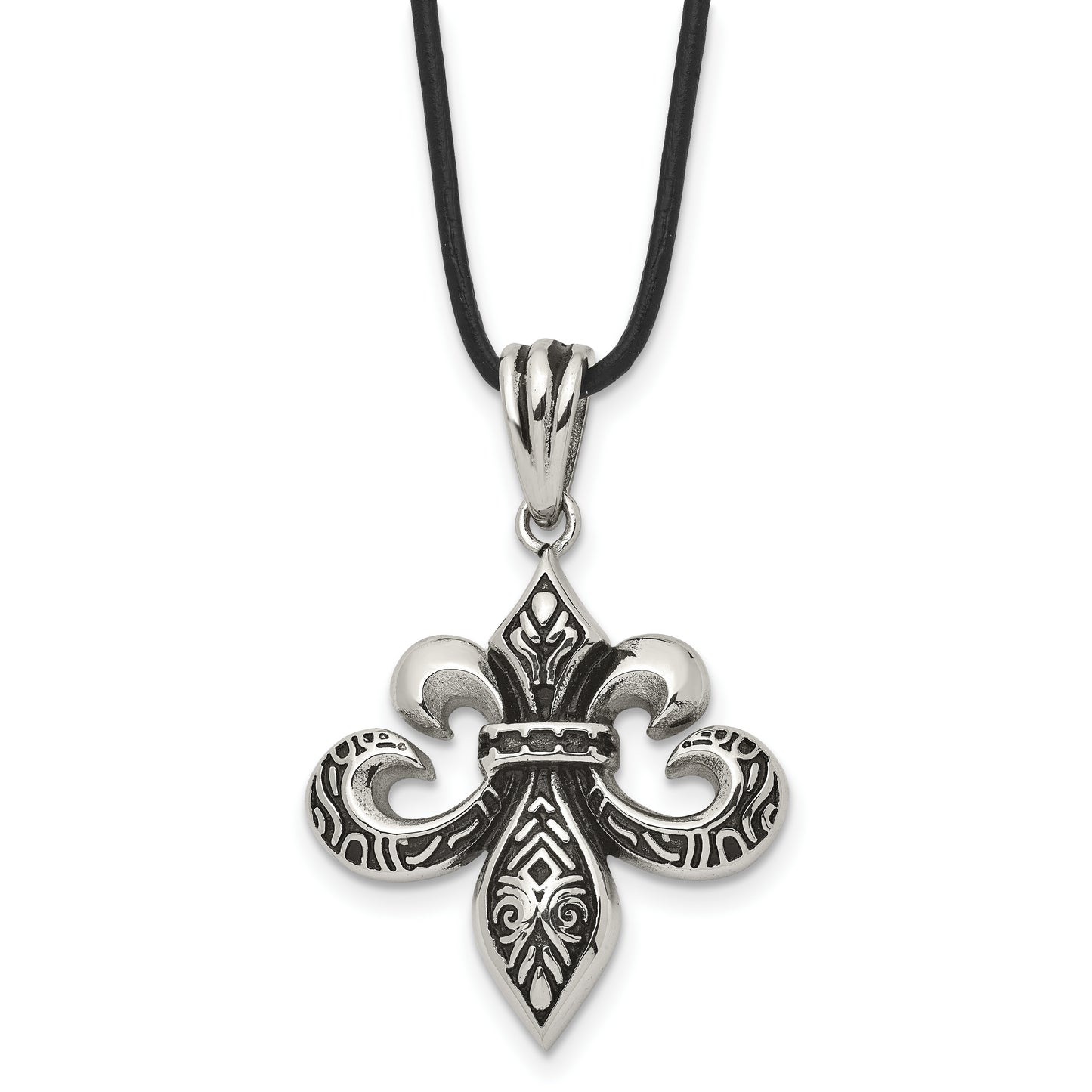 Stainless Steel Chisel Antiqued And Polished Fleur De Lis Pendant On A 20 Inch Leather Cord Necklace