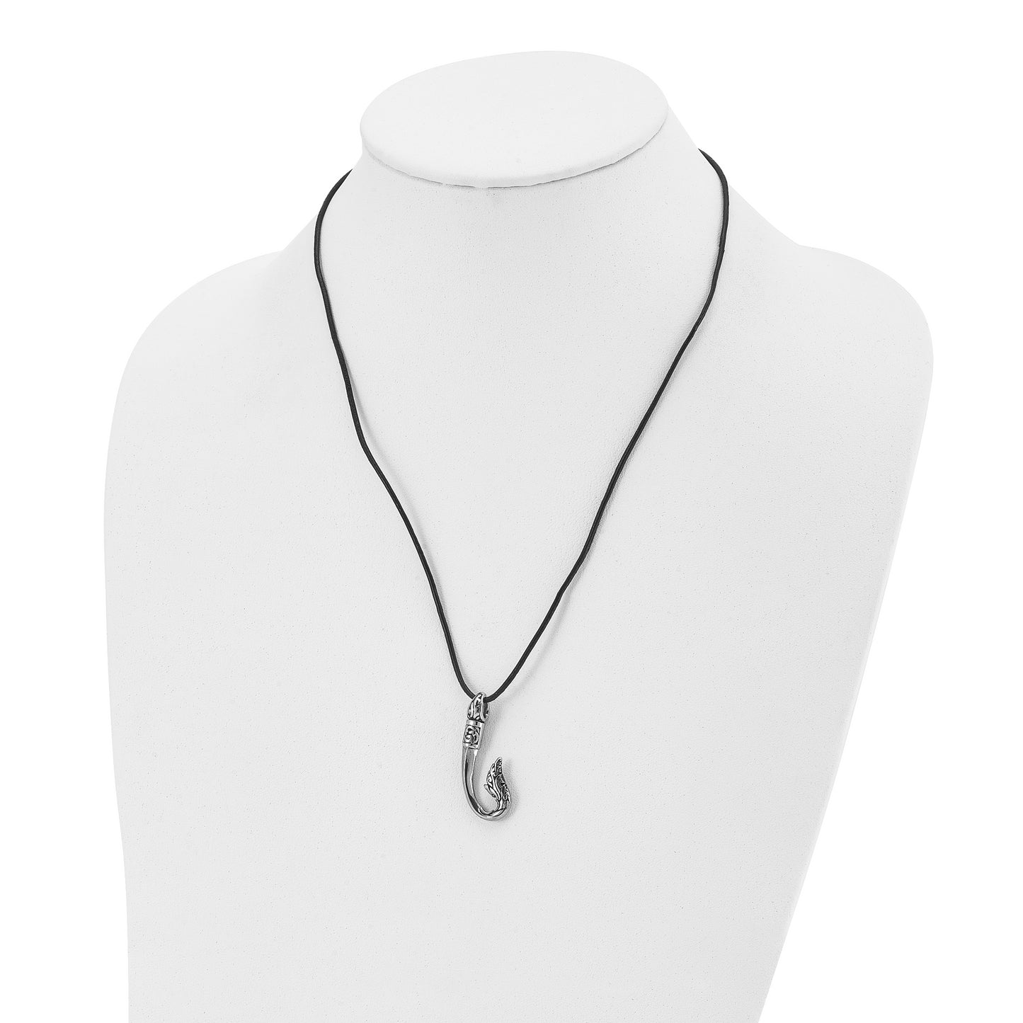 Stainless Steel Chisel Antiqued And Polished Hook Pendant On A 20 Inch Black Leather Cord Necklace