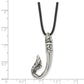 Stainless Steel Chisel Antiqued And Polished Hook Pendant On A 20 Inch Black Leather Cord Necklace