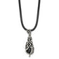 Stainless Steel Chisel Antiqued Polished And Textured Moveable Black Agate Pendant On A 20 Inch Leather Cord Necklace