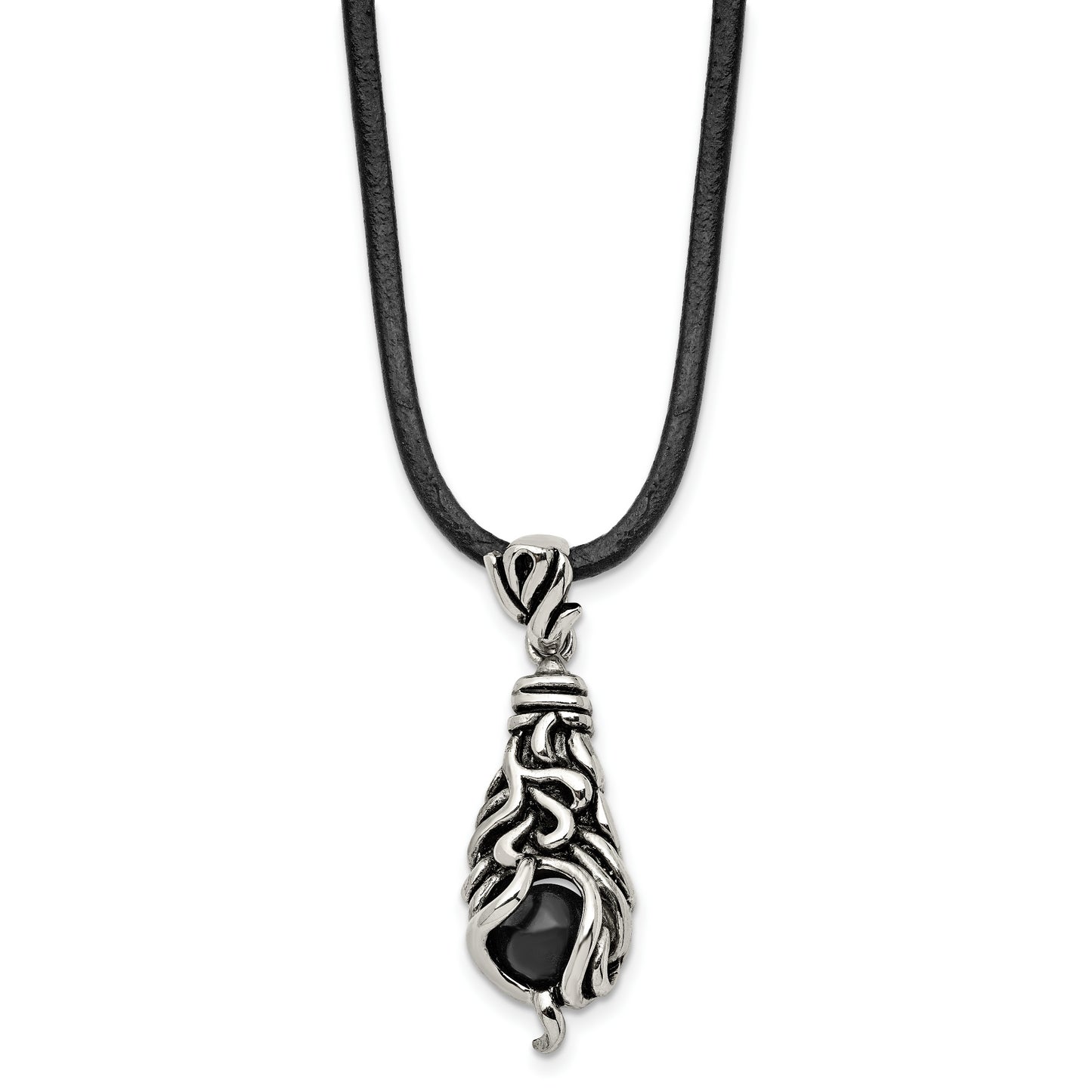 Stainless Steel Chisel Antiqued Polished And Textured Moveable Black Agate Pendant On A 20 Inch Leather Cord Necklace