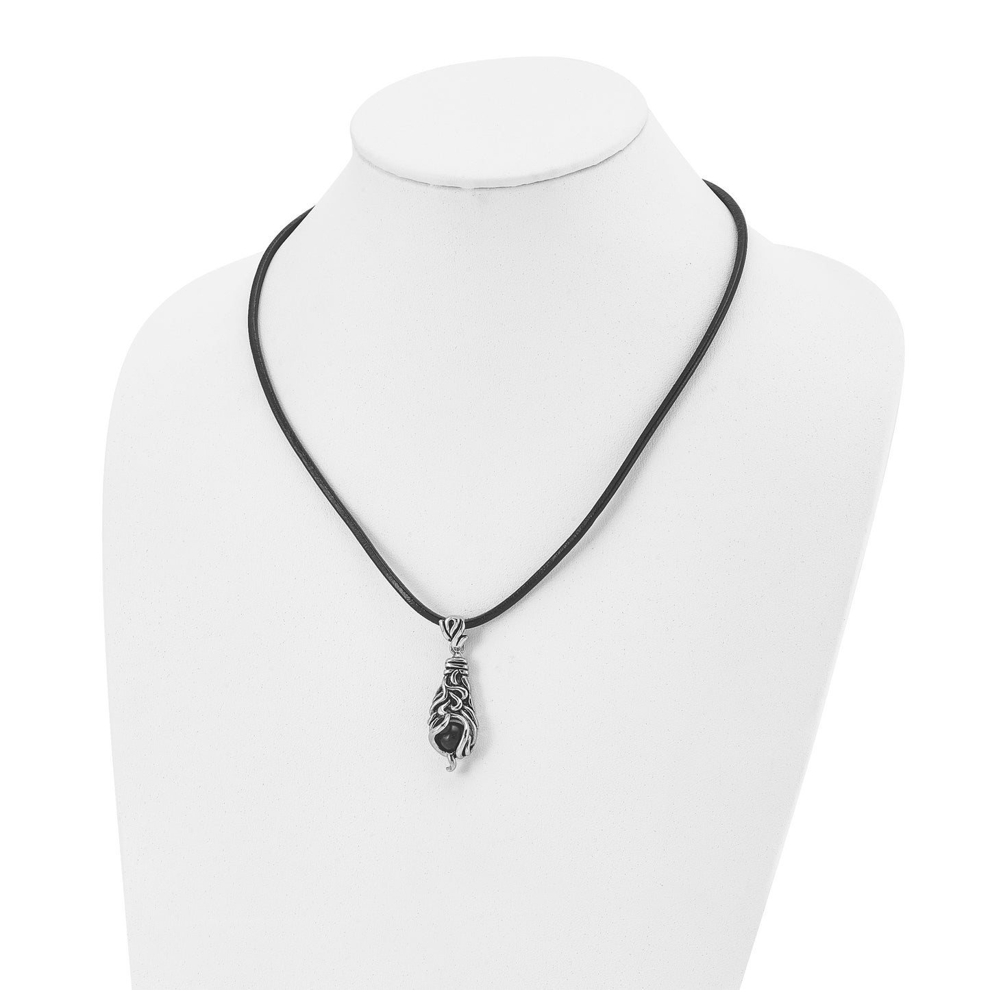 Stainless Steel Chisel Antiqued Polished And Textured Moveable Black Agate Pendant On A 20 Inch Leather Cord Necklace