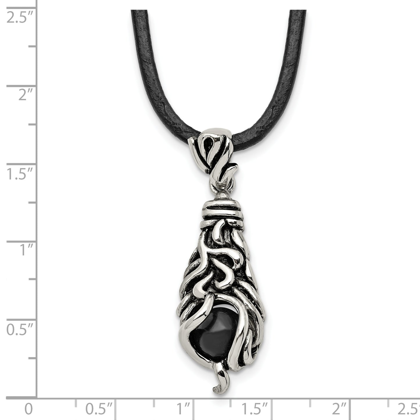 Stainless Steel Chisel Antiqued Polished And Textured Moveable Black Agate Pendant On A 20 Inch Leather Cord Necklace