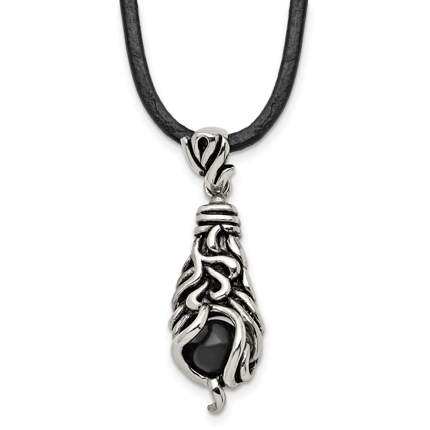 Stainless Steel Chisel Antiqued Polished And Textured Moveable Black Agate Pendant On A 20 Inch Leather Cord Necklace