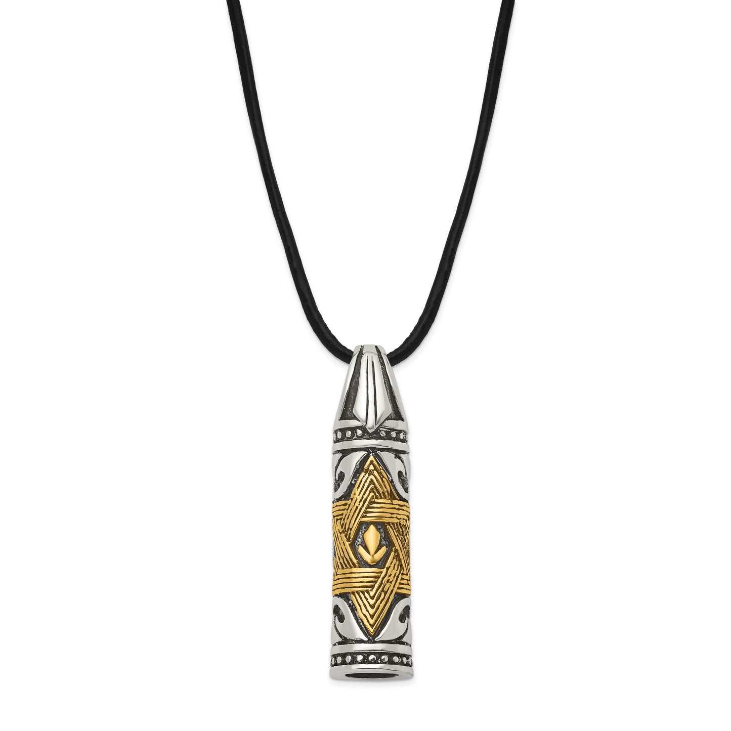 Stainless Steel Chisel Antiqued And Polished With Yellow Ip-Plated Accent Star Of David Pendant On A 20 Inch Leather Cord Necklace