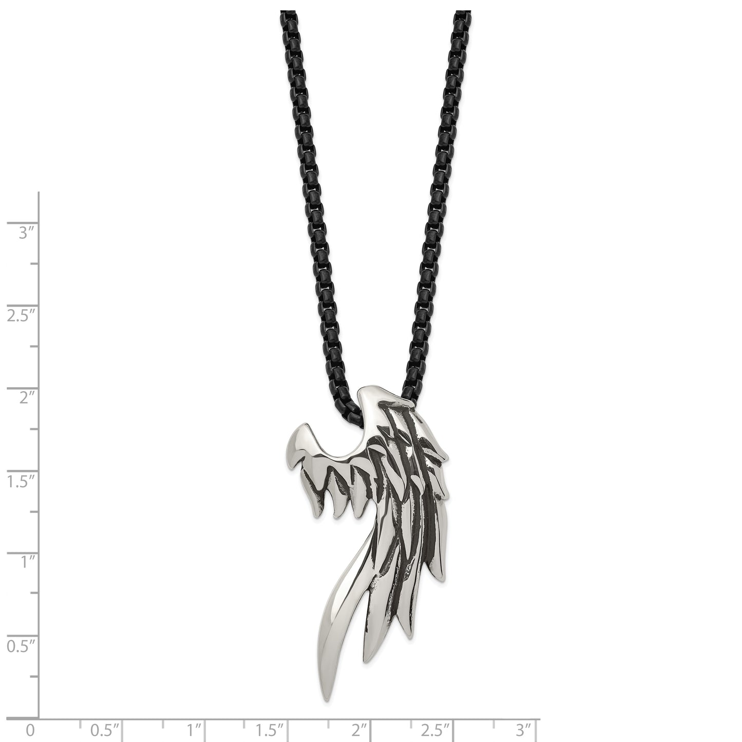 Stainless Steel Chisel Antiqued And Polished Wing Slide On A Black Ip-Plated 20 Inch Ball Chain Necklace