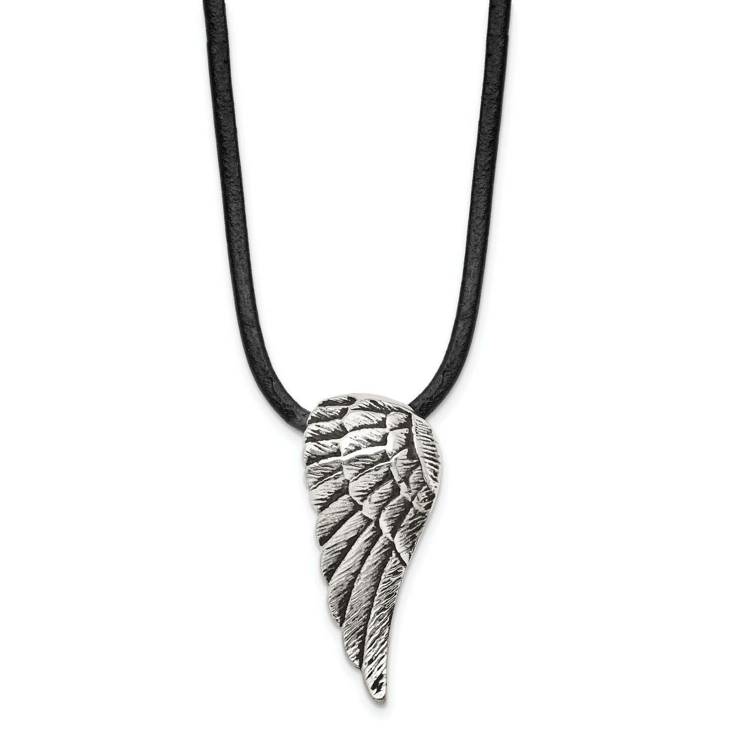 Stainless Steel Chisel Antiqued And Polished Wing Pendant On A 20 Inch Leather Cord Necklace