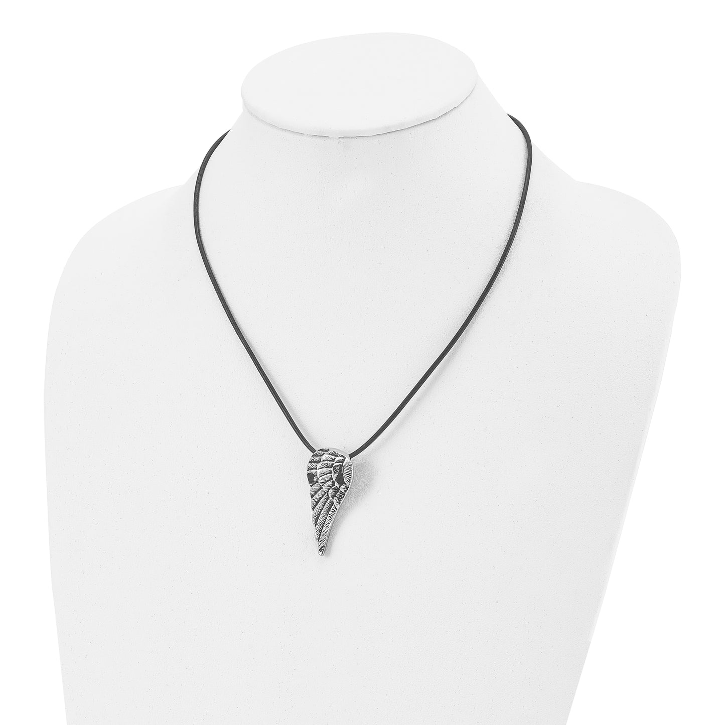 Stainless Steel Chisel Antiqued And Polished Wing Pendant On A 20 Inch Leather Cord Necklace