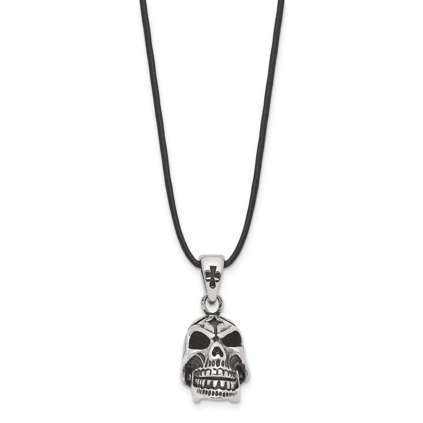 Stainless Steel Chisel Antiqued And Polished Moveable Skull Pendant On A 20 Inch Leather Cord Necklace