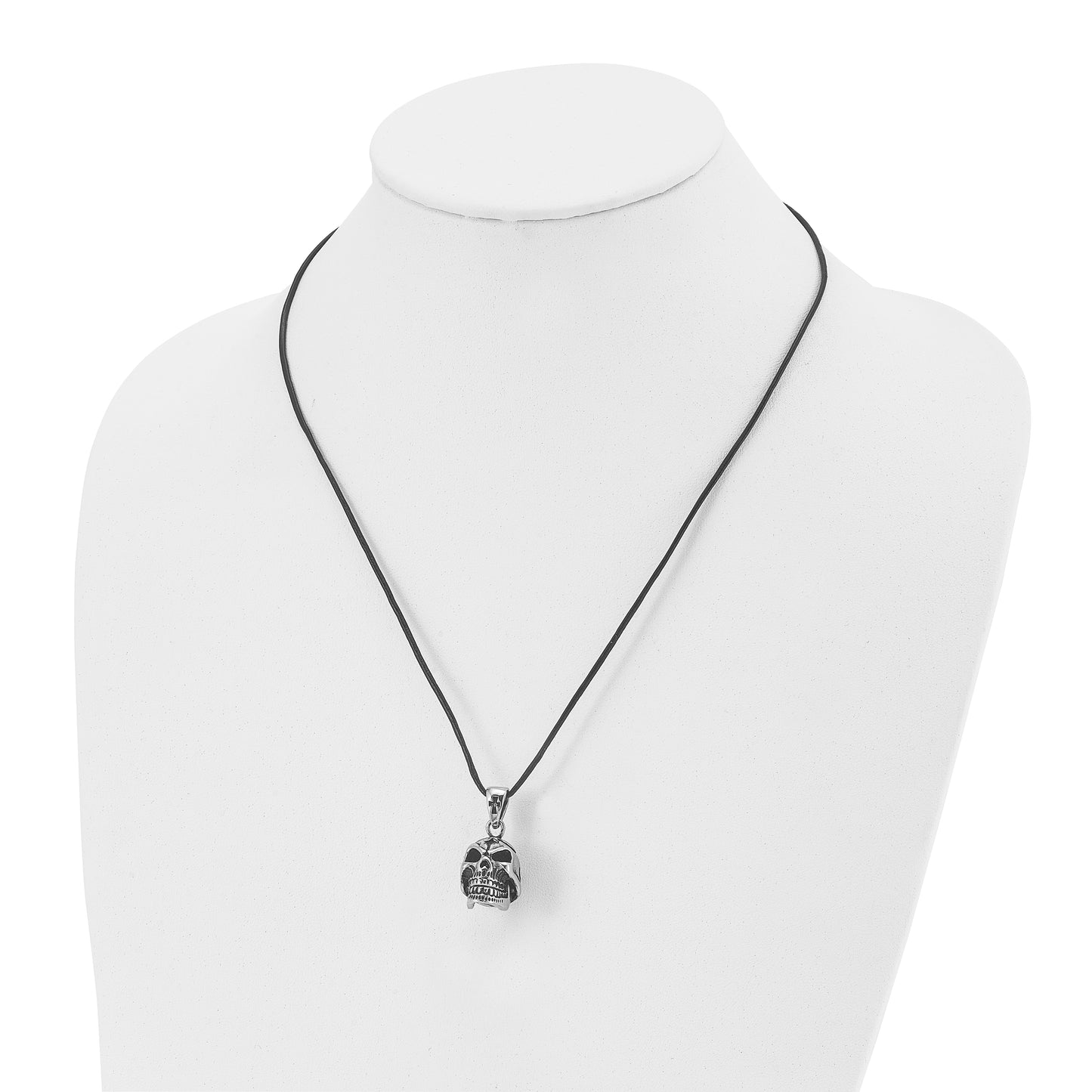 Stainless Steel Chisel Antiqued And Polished Moveable Skull Pendant On A 20 Inch Leather Cord Necklace