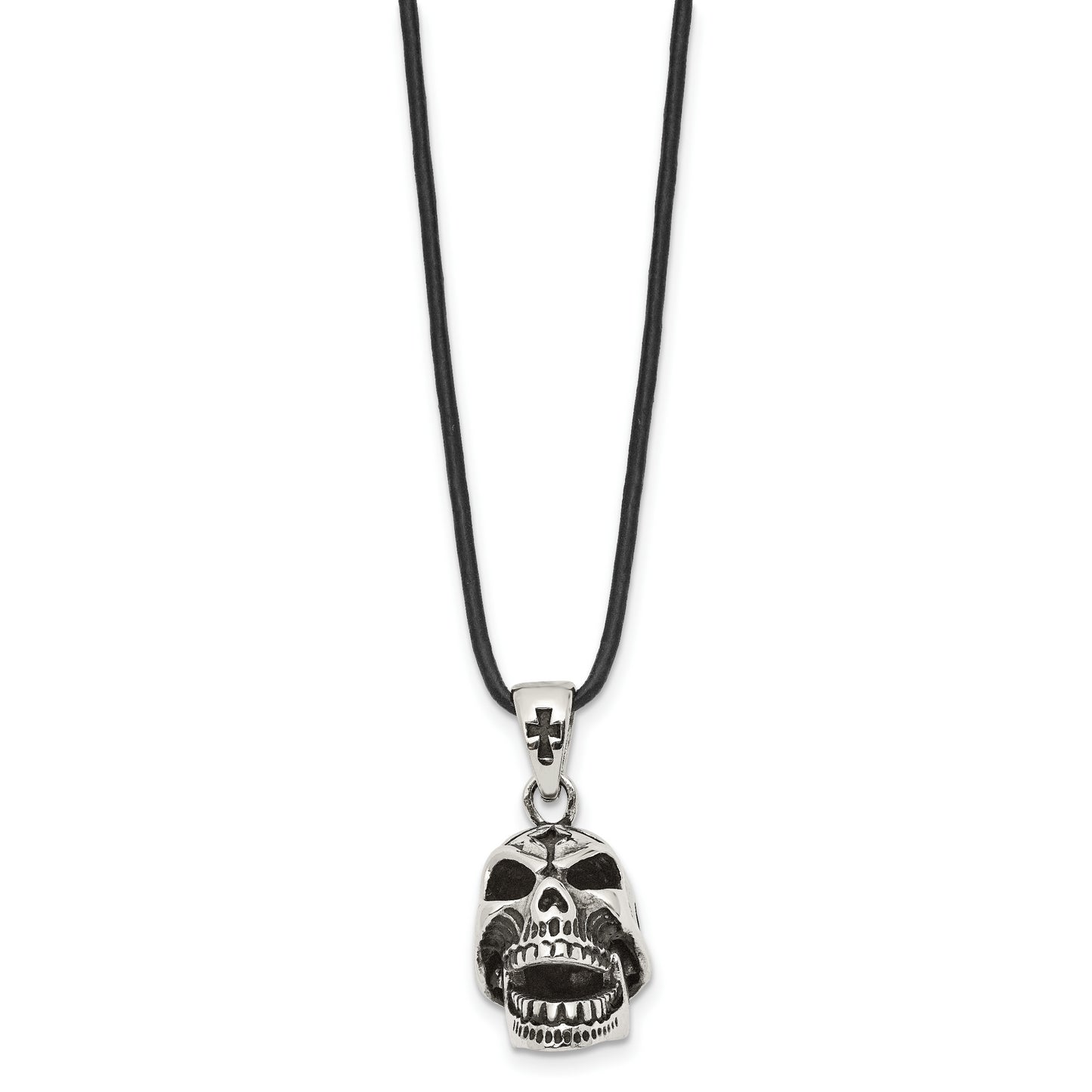 Stainless Steel Chisel Antiqued And Polished Moveable Skull Pendant On A 20 Inch Leather Cord Necklace