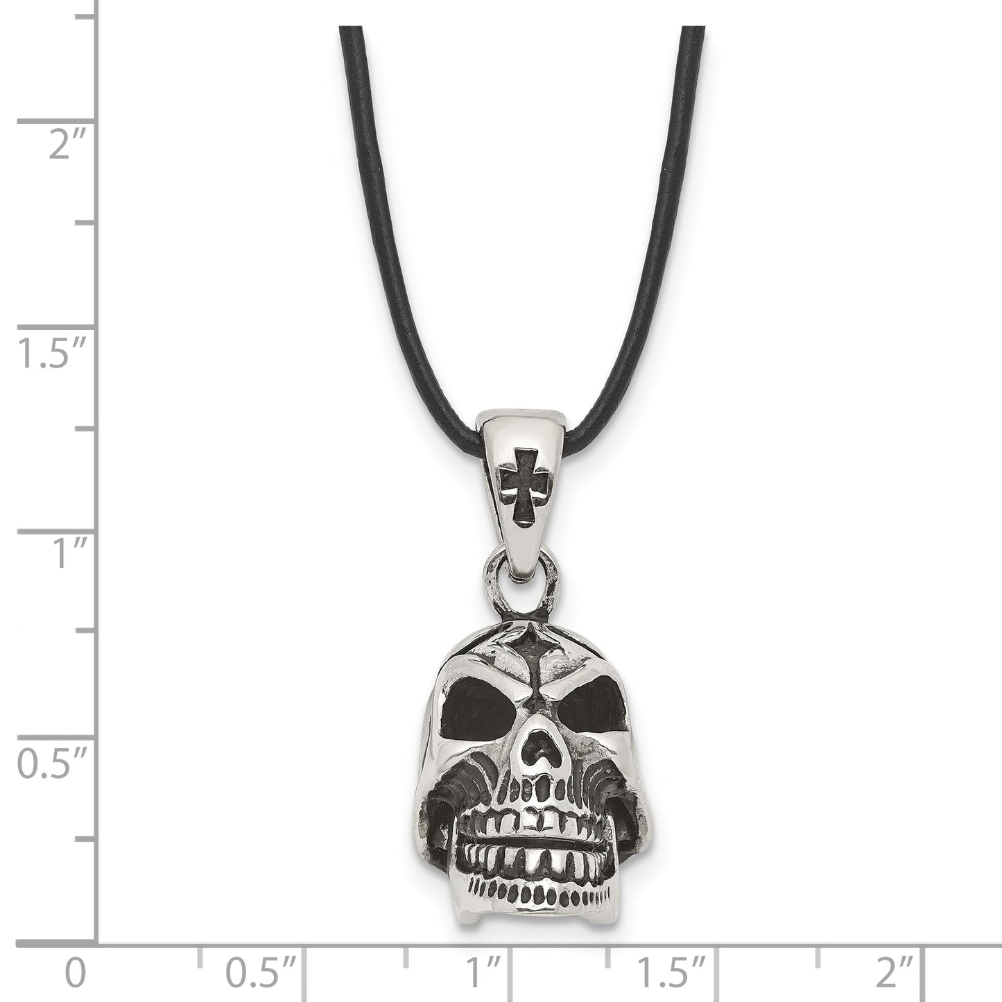 Stainless Steel Chisel Antiqued And Polished Moveable Skull Pendant On A 20 Inch Leather Cord Necklace