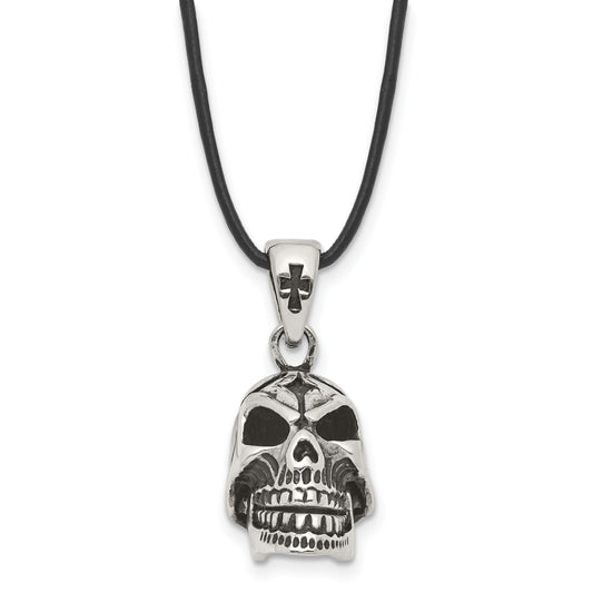 Stainless Steel Chisel Antiqued And Polished Moveable Skull Pendant On A 20 Inch Leather Cord Necklace