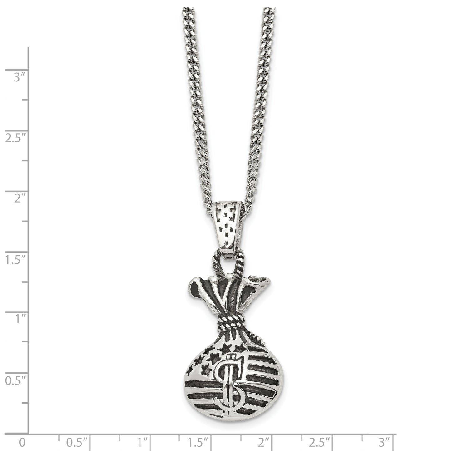 Stainless Steel Chisel Polished And Antiqued Money Bag Pendant On A 22 Inch Curb Chain Necklace