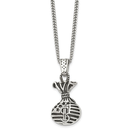 Stainless Steel Chisel Polished And Antiqued Money Bag Pendant On A 22 Inch Curb Chain Necklace