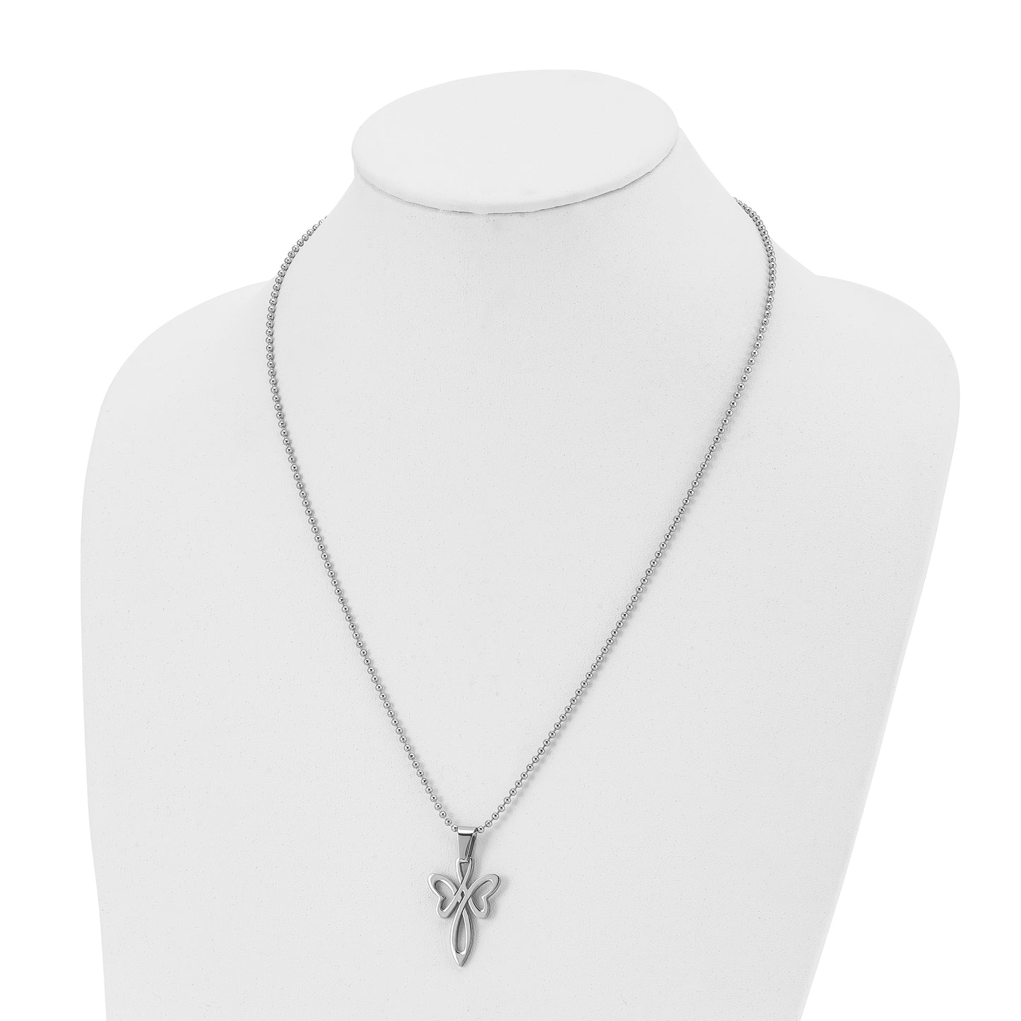 Stainless Steel Chisel Polished Fancy Cross Pendant On A 22 Inch Ball Chain Necklace