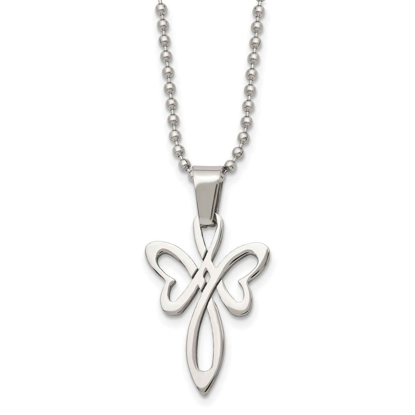 Stainless Steel Chisel Polished Fancy Cross Pendant On A 22 Inch Ball Chain Necklace