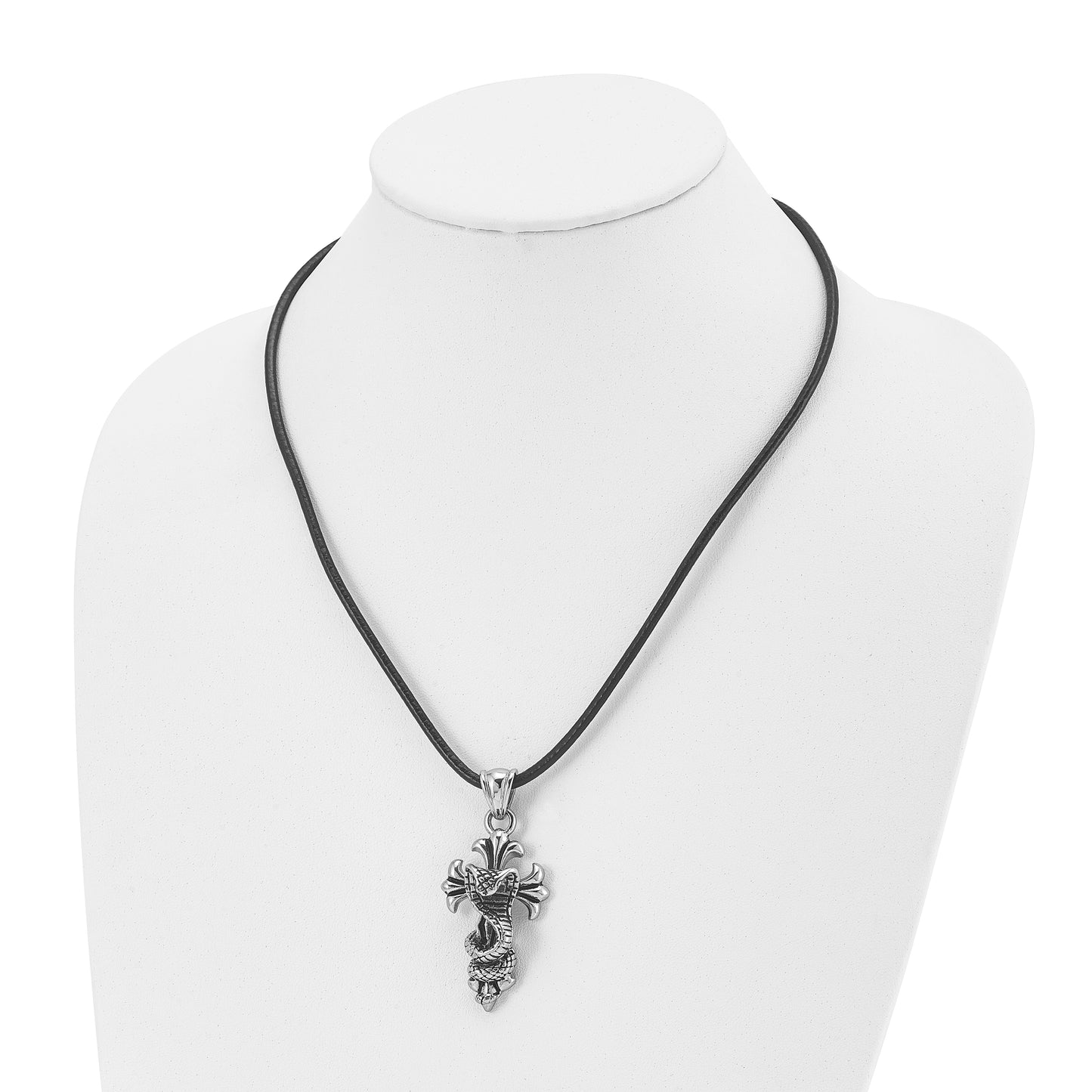 Stainless Steel Chisel Antiqued And Polished Snake On Cross Pendant A 20 Inch Leather Cord Necklace