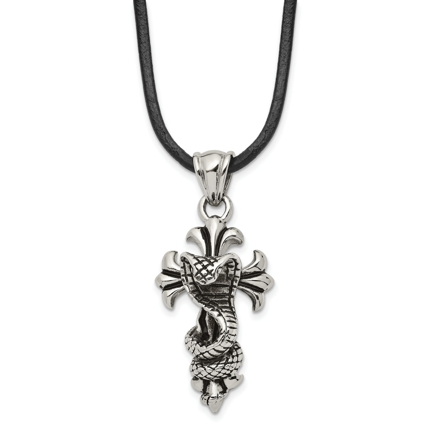 Stainless Steel Chisel Antiqued And Polished Snake On Cross Pendant A 20 Inch Leather Cord Necklace