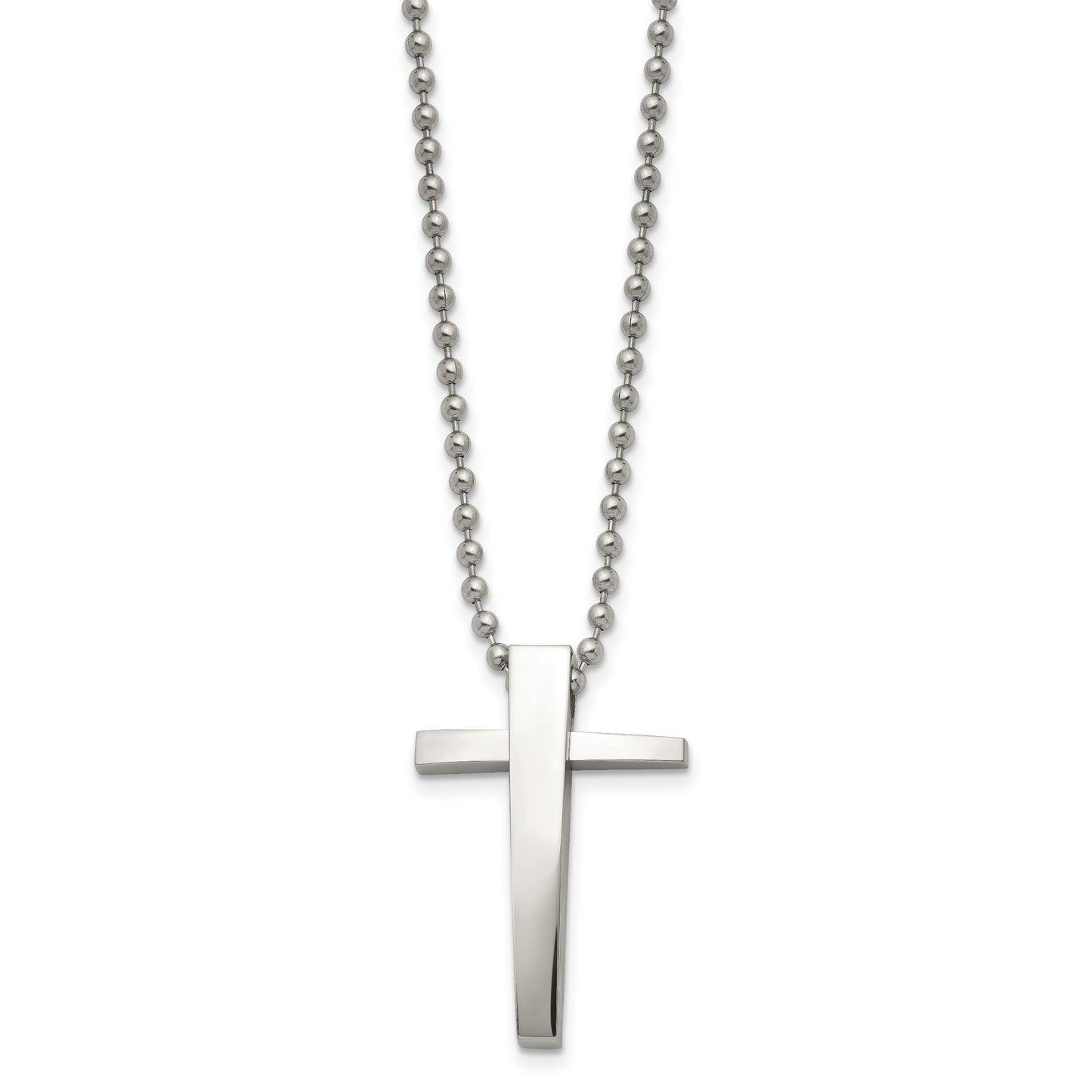 Stainless Steel Chisel Polished Cross Pendant On A 22 Inch Ball Chain Necklace