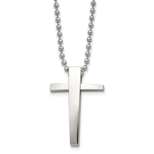 Stainless Steel Chisel Polished Cross Pendant On A 22 Inch Ball Chain Necklace