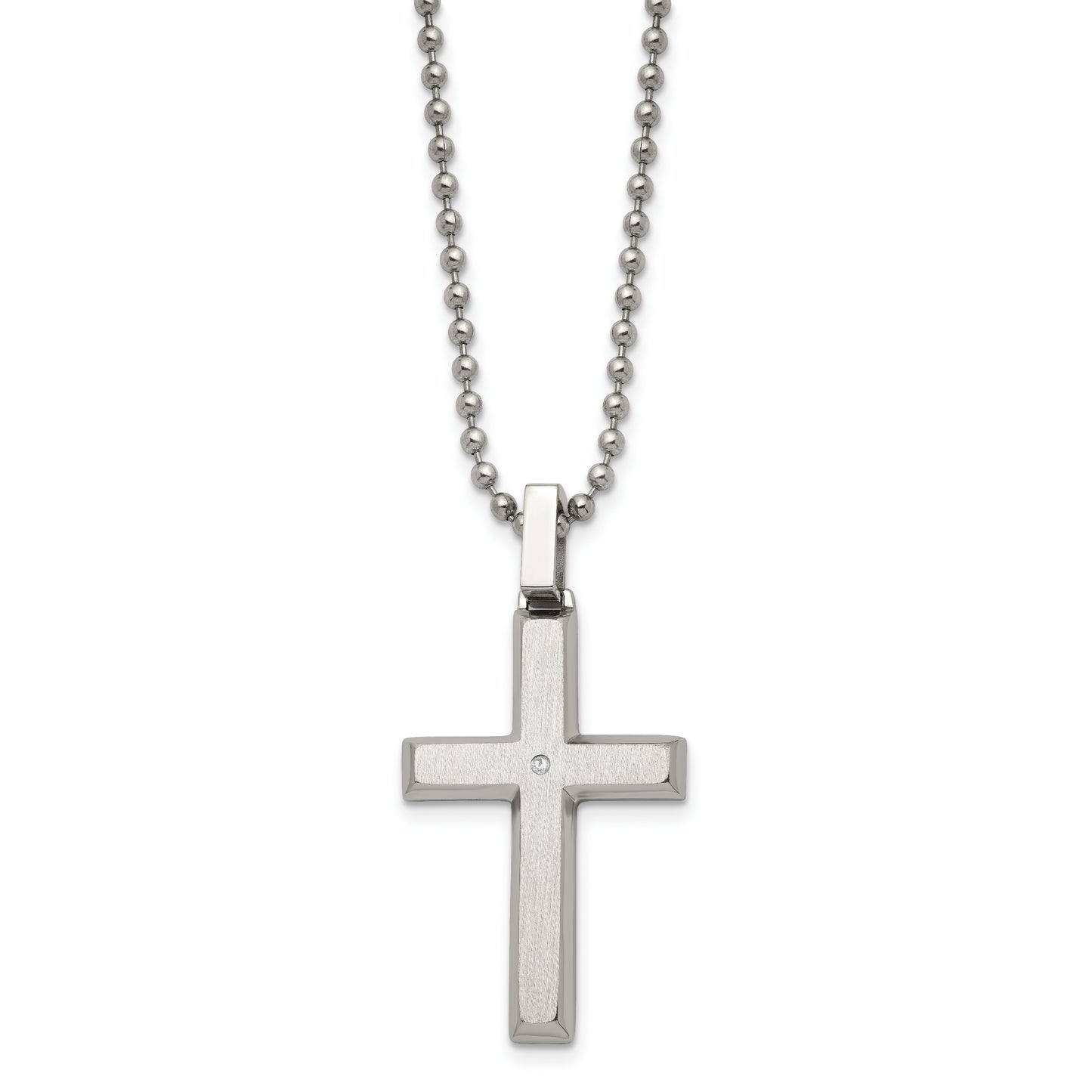 Stainless Steel Chisel Brushed And Polished .01 Carat Diamond Cross Pendant On A 22 Inch Ball Chain Necklace