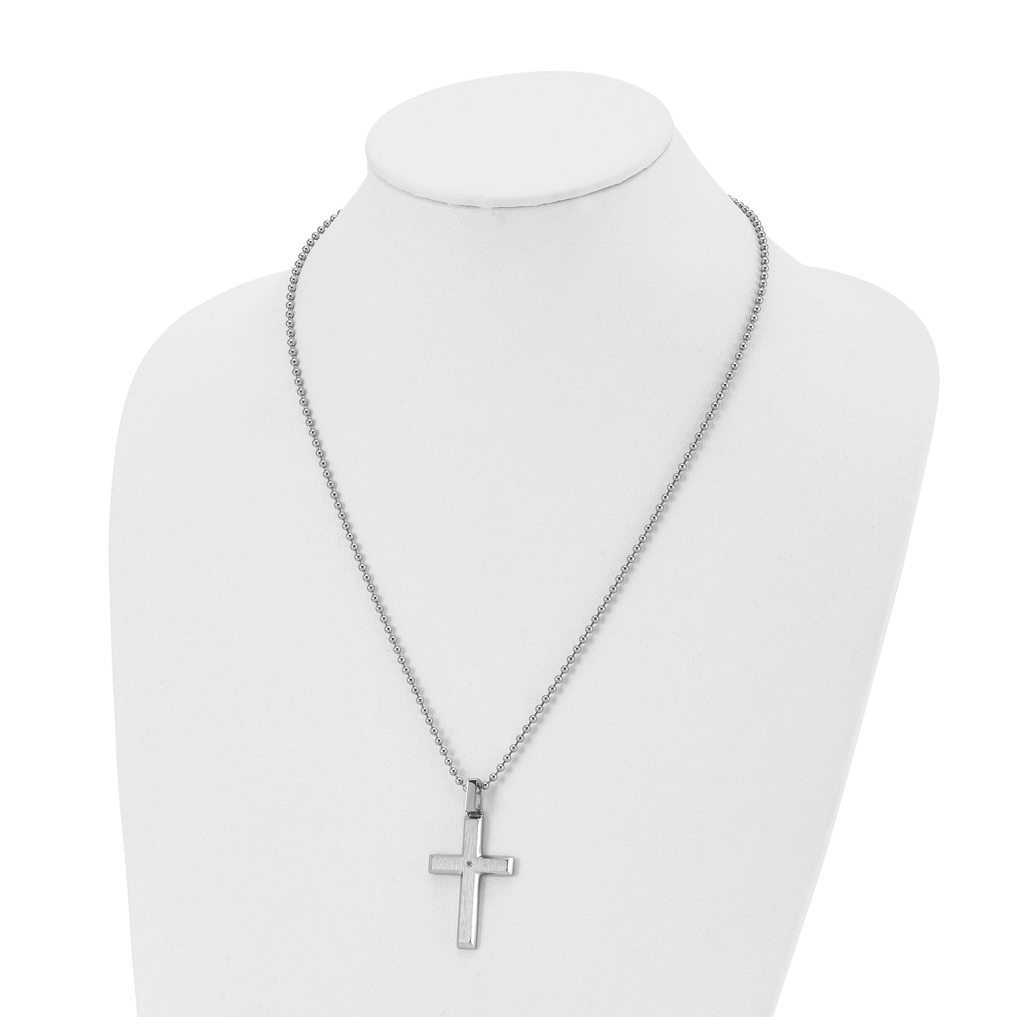 Stainless Steel Chisel Brushed And Polished .01 Carat Diamond Cross Pendant On A 22 Inch Ball Chain Necklace