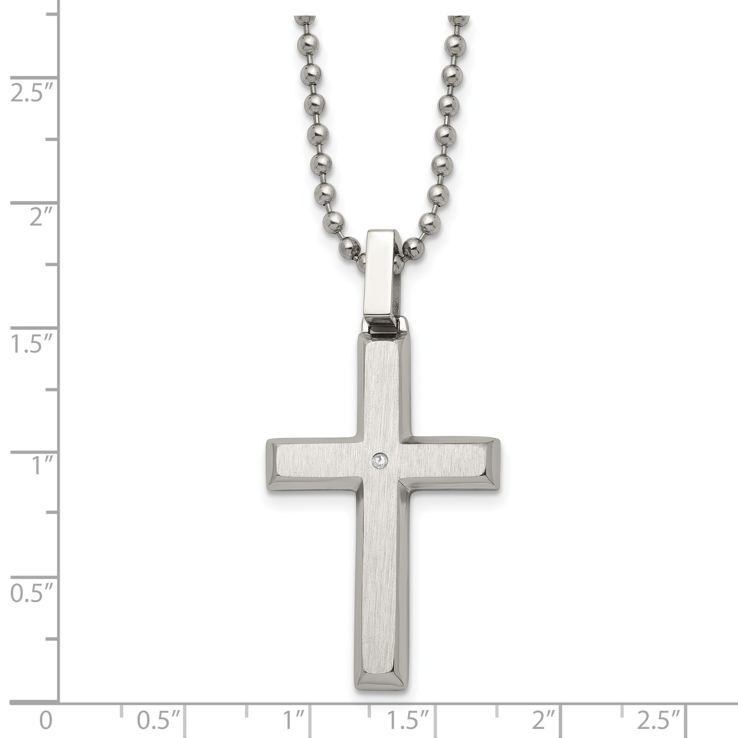 Stainless Steel Chisel Brushed And Polished .01 Carat Diamond Cross Pendant On A 22 Inch Ball Chain Necklace