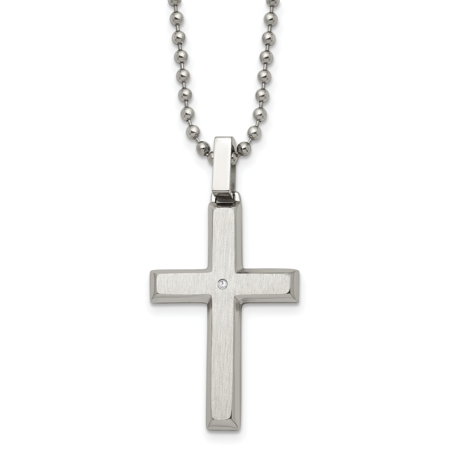 Stainless Steel Chisel Brushed And Polished .01 Carat Diamond Cross Pendant On A 22 Inch Ball Chain Necklace