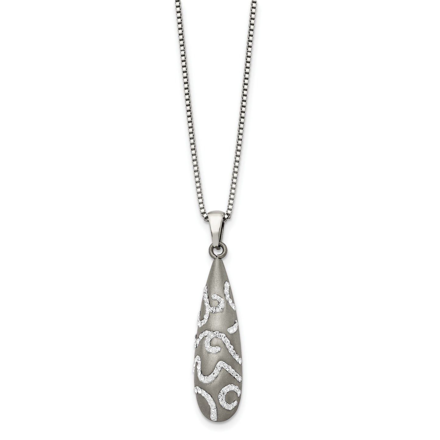 Stainless Steel Chisel Polished With Crystal Teardrop Pendant On An 18 Inch Box Chain Necklace