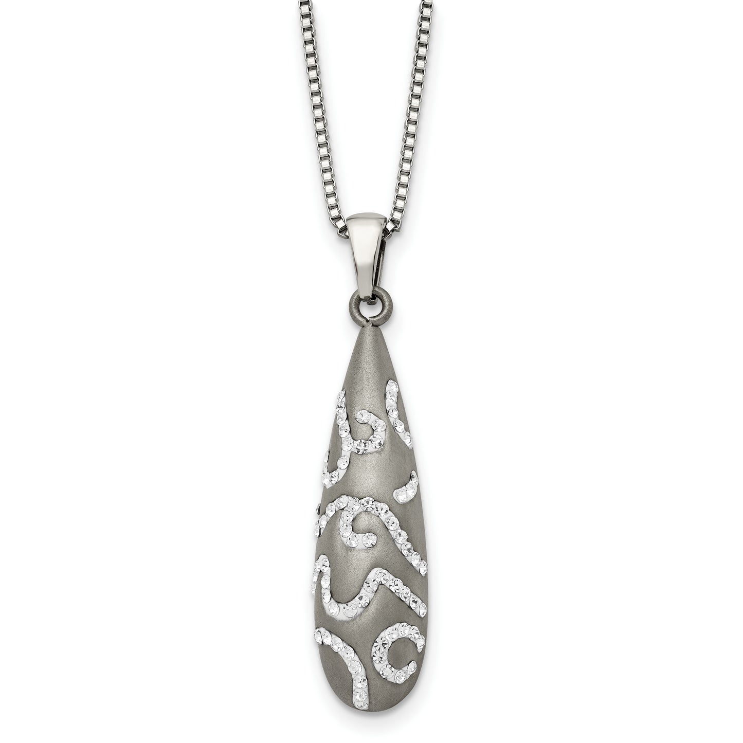 Stainless Steel Chisel Polished With Crystal Teardrop Pendant On An 18 Inch Box Chain Necklace