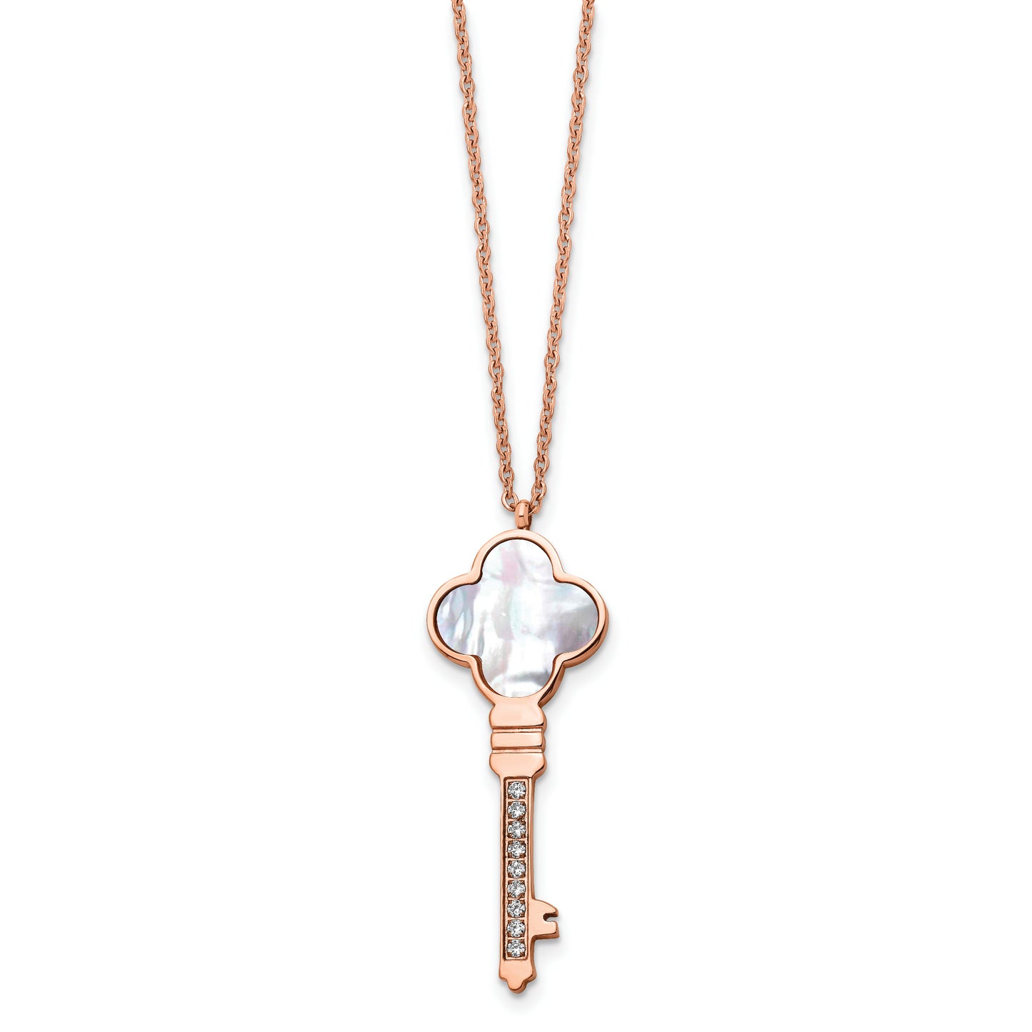 Stainless Steel Chisel Polished Rose Ip-Plated Cz And Mother Of Pearl Key Pendant On A 16 Inch Cable Chain With 2 Extension Necklace