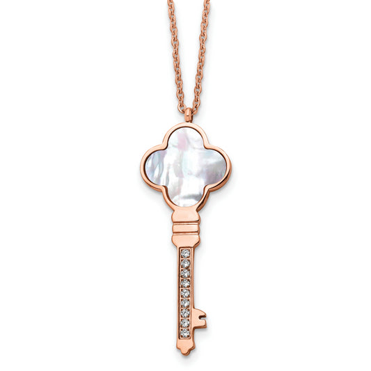 Stainless Steel Chisel Polished Rose Ip-Plated Cz And Mother Of Pearl Key Pendant On A 16 Inch Cable Chain With 2 Extension Necklace