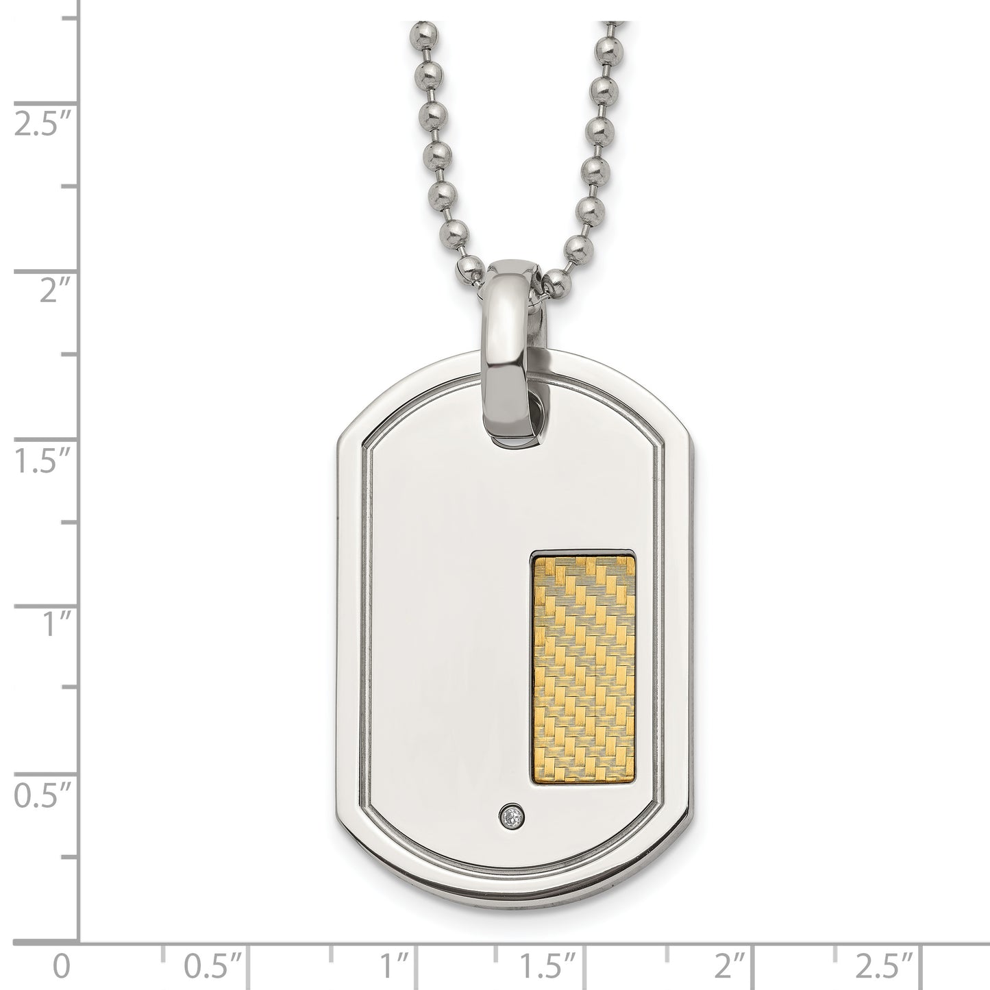 Stainless Steel Chisel Polished With 18K Gold Accent .01 Carat Diamond Dog Tag On A 24 Inch Ball Chain Necklace