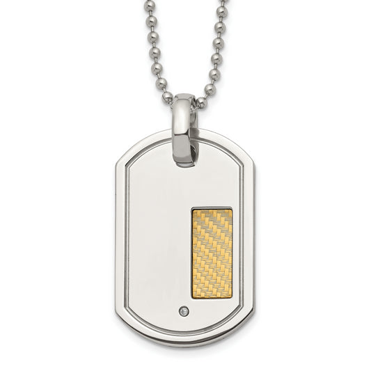 Stainless Steel Chisel Polished With 18K Gold Accent .01 Carat Diamond Dog Tag On A 24 Inch Ball Chain Necklace