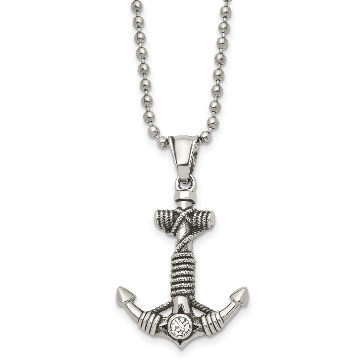 Stainless Steel Chisel Antiqued And Polished With Cz Anchor Rope Pendant On A 20 Inch Ball Chain Necklace