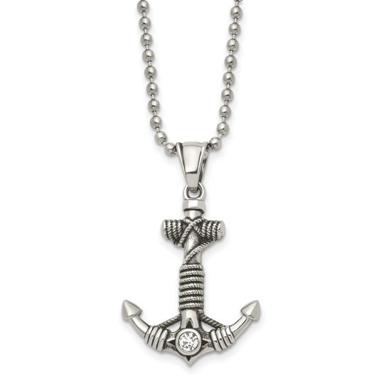 Stainless Steel Chisel Antiqued And Polished With Cz Anchor Rope Pendant On A 20 Inch Ball Chain Necklace