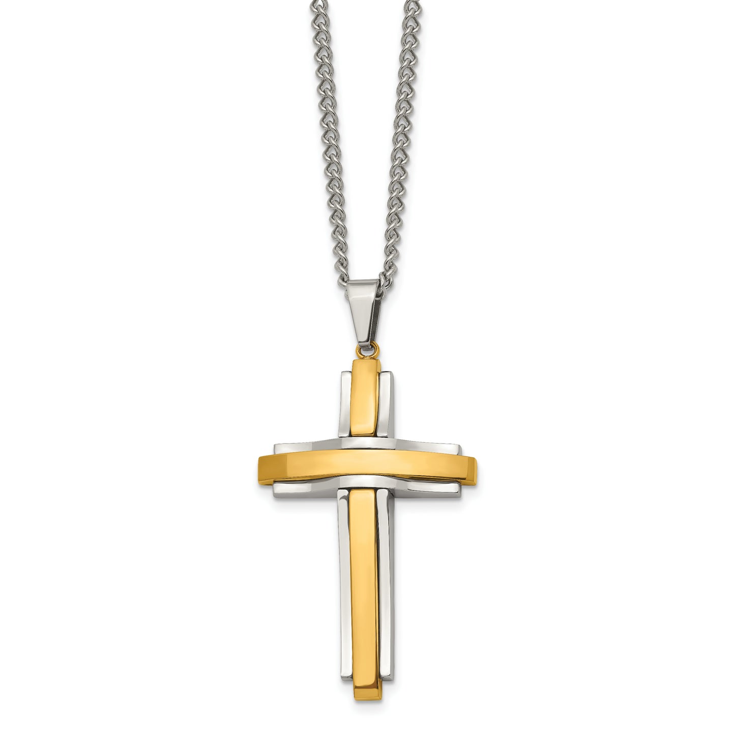 Stainless Steel Chisel Polished Yellow Ip-Plated Cross Pendant On A 24 Inch Curb Chain Necklace