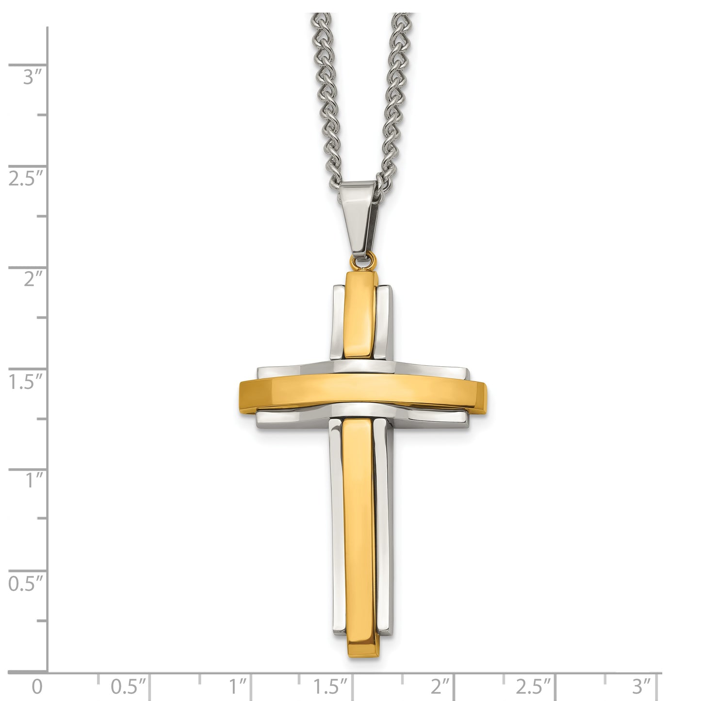 Stainless Steel Chisel Polished Yellow Ip-Plated Cross Pendant On A 24 Inch Curb Chain Necklace