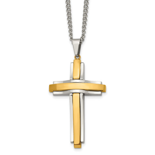 Stainless Steel Chisel Polished Yellow Ip-Plated Cross Pendant On A 24 Inch Curb Chain Necklace