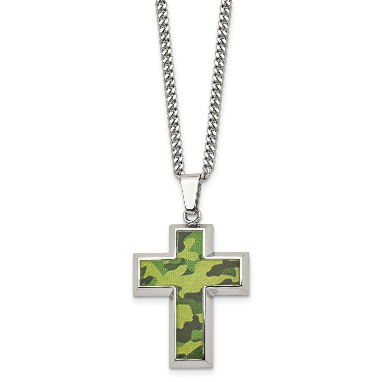 Stainless Steel Chisel Polished Printed Green Camo Under Rubber Cross Pendant On A 22 Inch Curb Chain Necklace