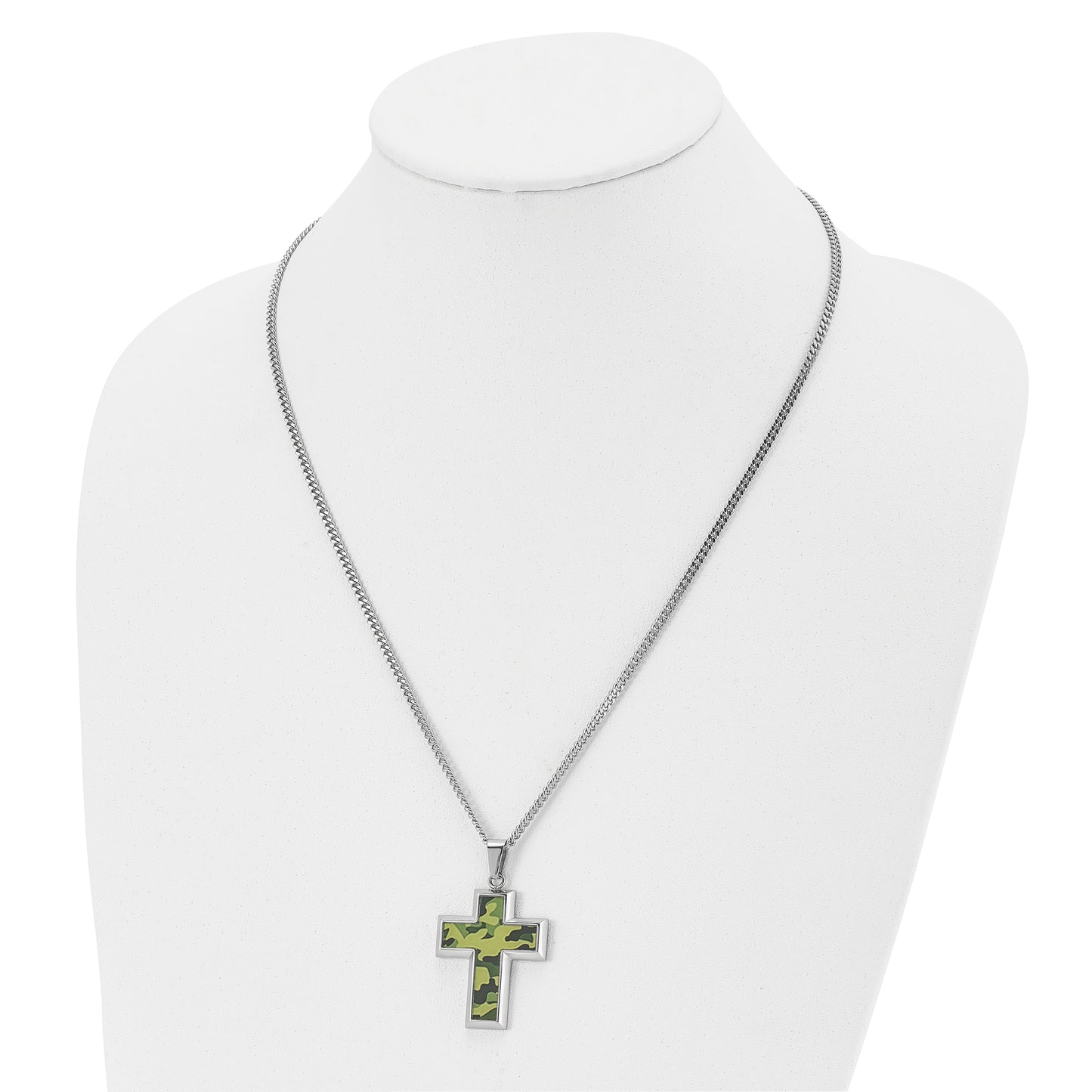 Stainless Steel Chisel Polished Printed Green Camo Under Rubber Cross Pendant On A 22 Inch Curb Chain Necklace