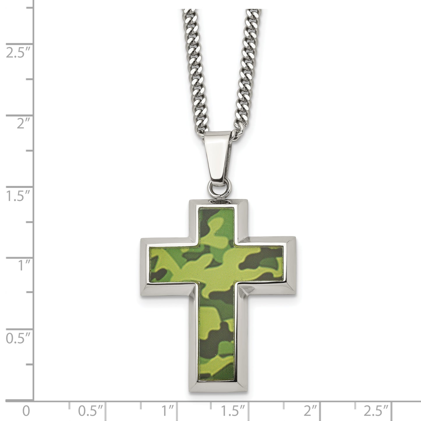 Stainless Steel Chisel Polished Printed Green Camo Under Rubber Cross Pendant On A 22 Inch Curb Chain Necklace