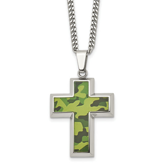 Stainless Steel Chisel Polished Printed Green Camo Under Rubber Cross Pendant On A 22 Inch Curb Chain Necklace