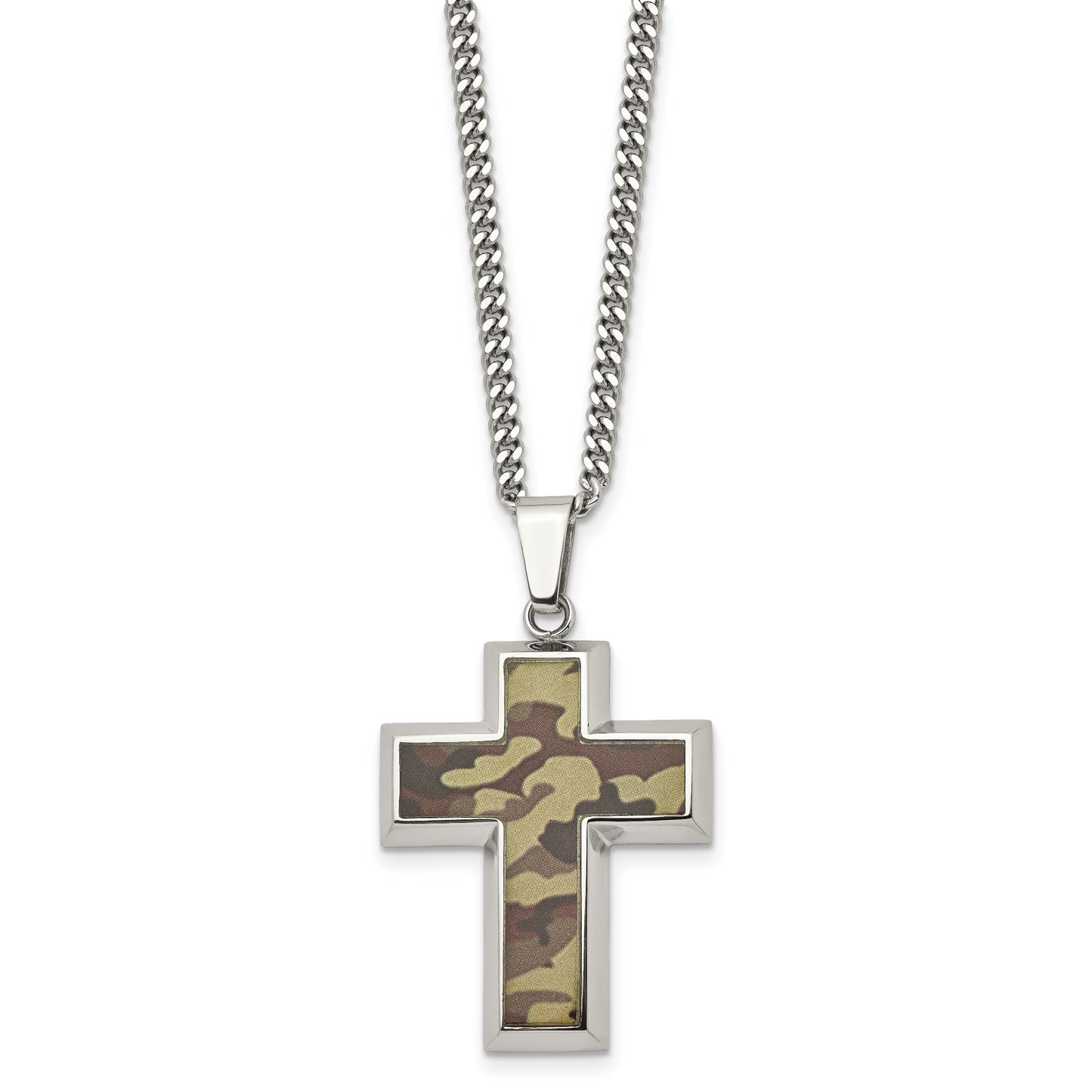 Stainless Steel Chisel Polished Printed Brown Camo Under Rubber Cross Pendant On A 22 Inch Curb Chain Necklace