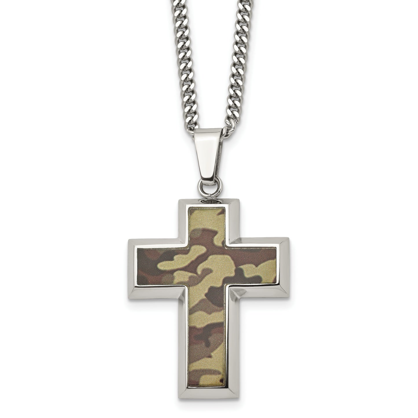 Stainless Steel Chisel Polished Printed Brown Camo Under Rubber Cross Pendant On A 22 Inch Curb Chain Necklace