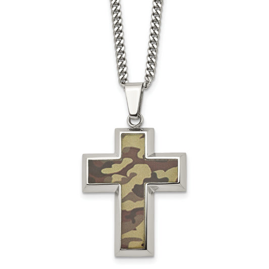 Stainless Steel Chisel Polished Printed Brown Camo Under Rubber Cross Pendant On A 22 Inch Curb Chain Necklace