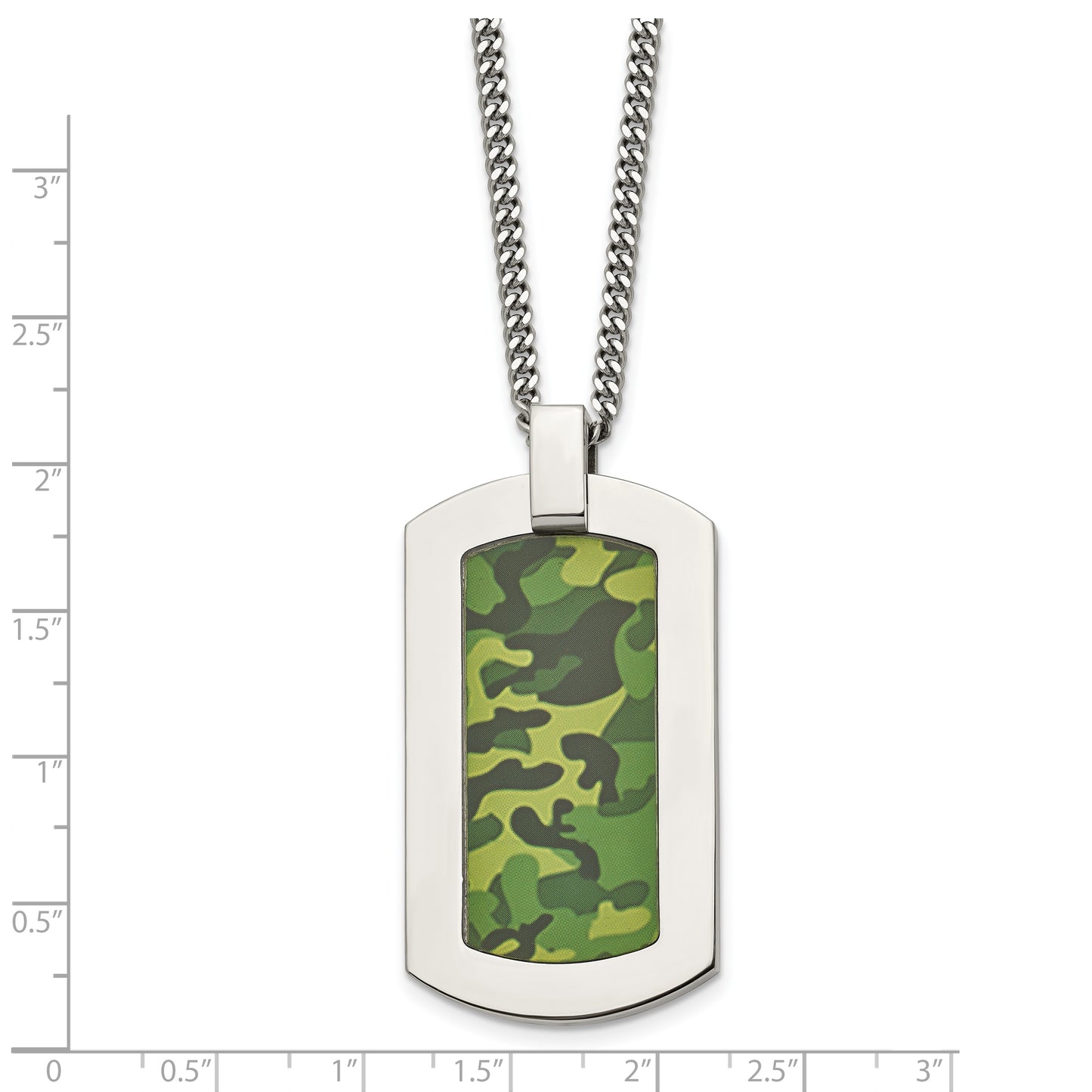 Stainless Steel Chisel Polished Printed Green Camo Under Rubber Dog Tag On A 22 Inch Cable Chain Necklace