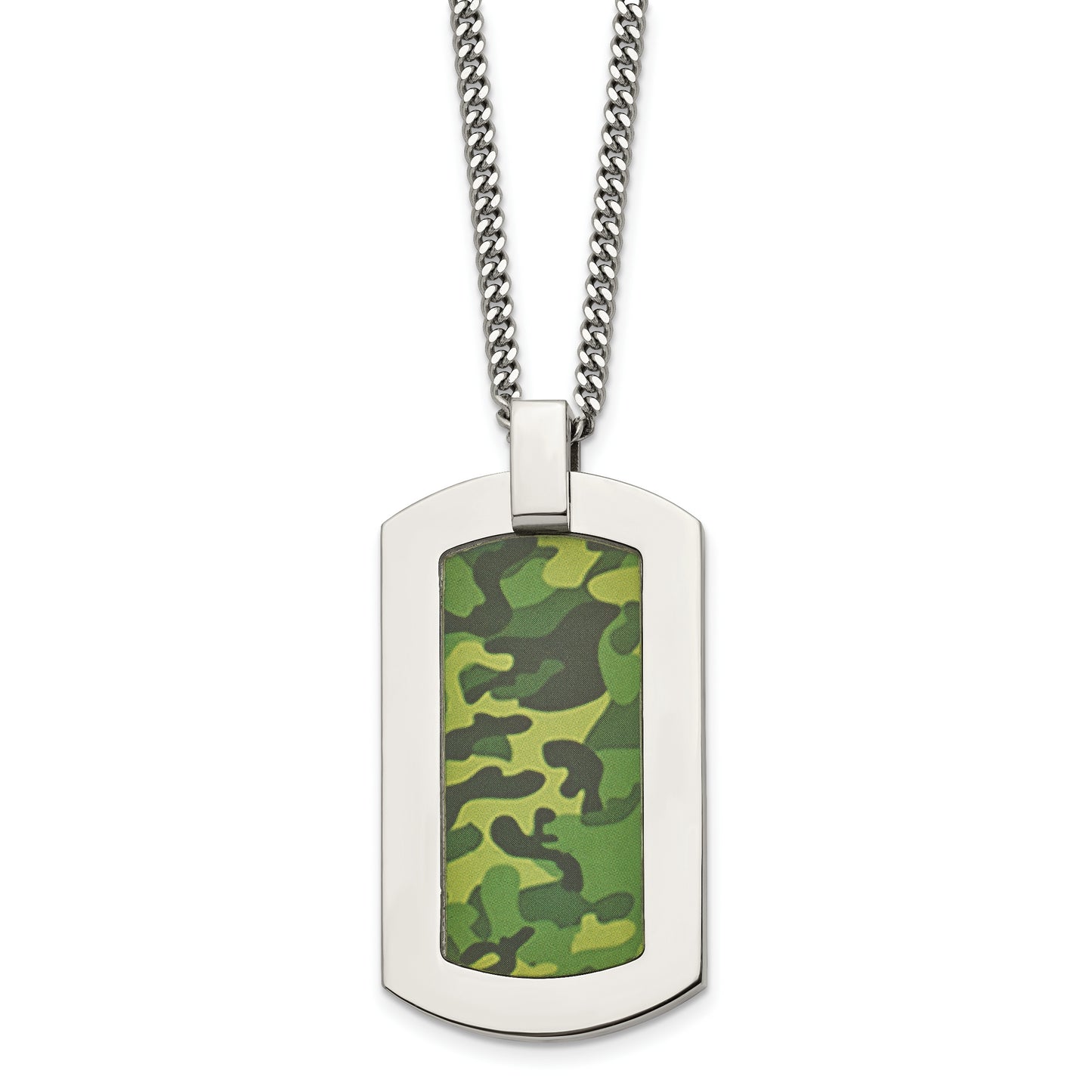 Stainless Steel Chisel Polished Printed Green Camo Under Rubber Dog Tag On A 22 Inch Cable Chain Necklace